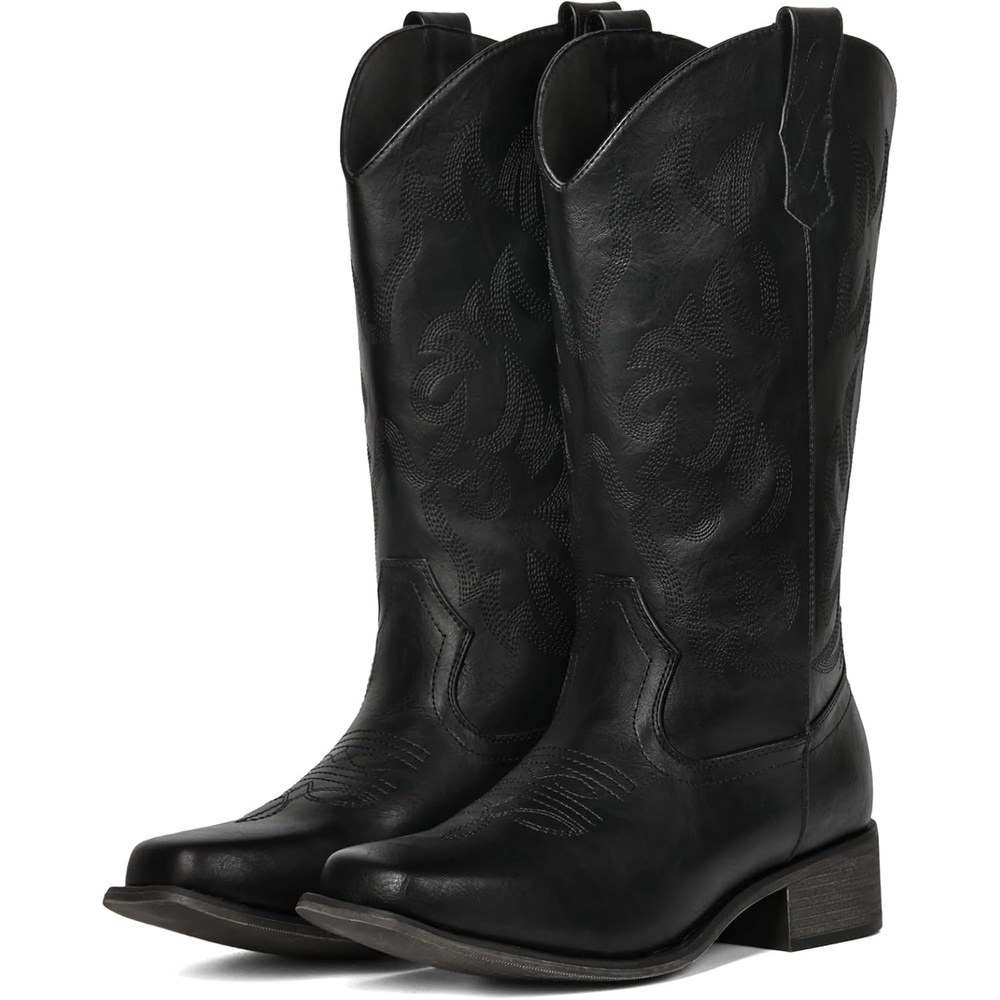 image:imageIUV Cowboy Boots For Women Square Toe Black Wide Cowgirl Mid Calf Western Pull On Fashion Brown Cowboy BootsAll Black