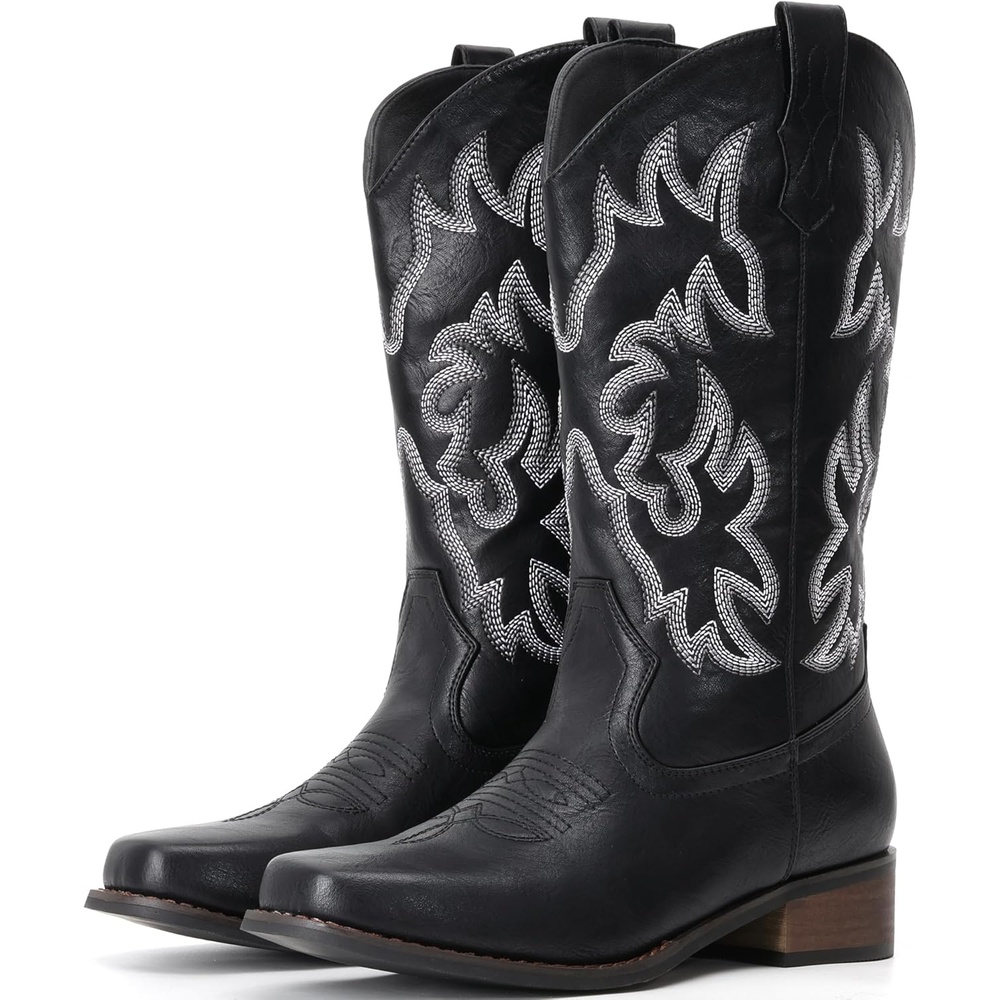 image:imageIUV Cowboy Boots For Women Square Toe Black Wide Cowgirl Mid Calf Western Pull On Fashion Brown Cowboy BootsBlack