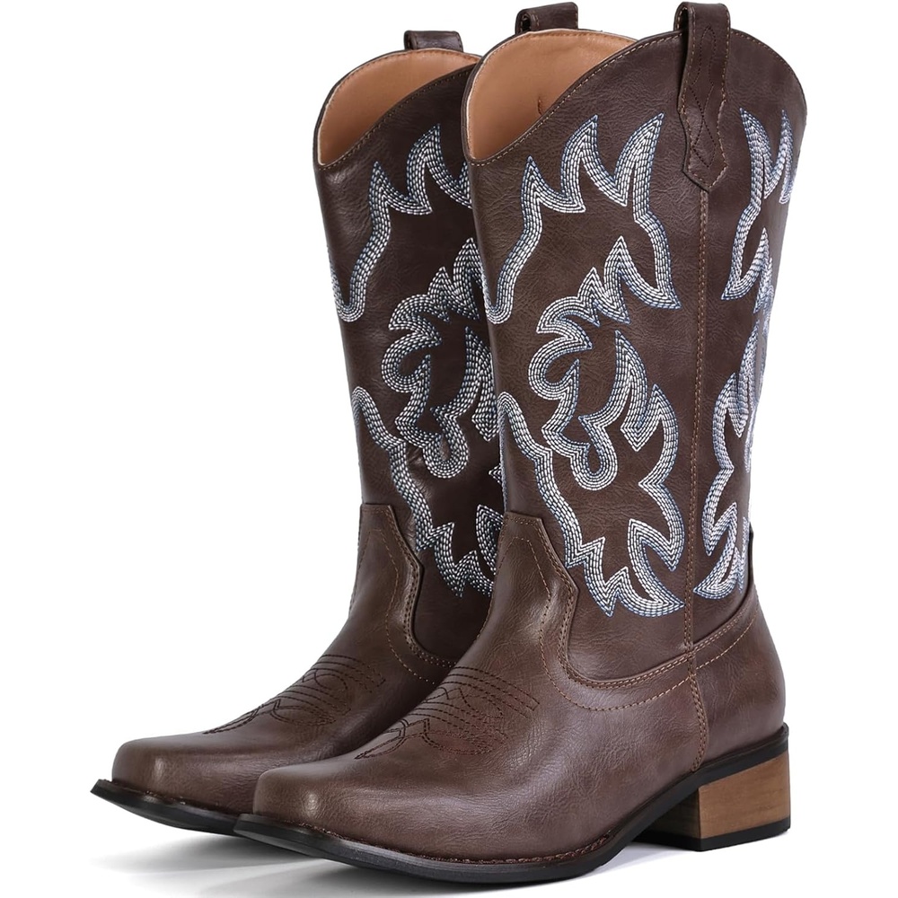 image:imageIUV Cowboy Boots For Women Square Toe Black Wide Cowgirl Mid Calf Western Pull On Fashion Brown Cowboy BootsBlack Brown