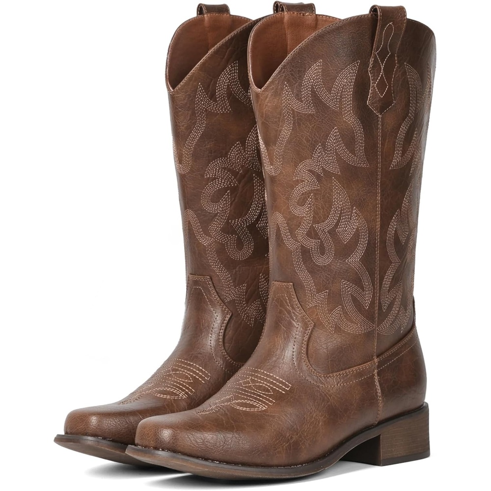 image:imageIUV Cowboy Boots For Women Square Toe Black Wide Cowgirl Mid Calf Western Pull On Fashion Brown Cowboy BootsBrown