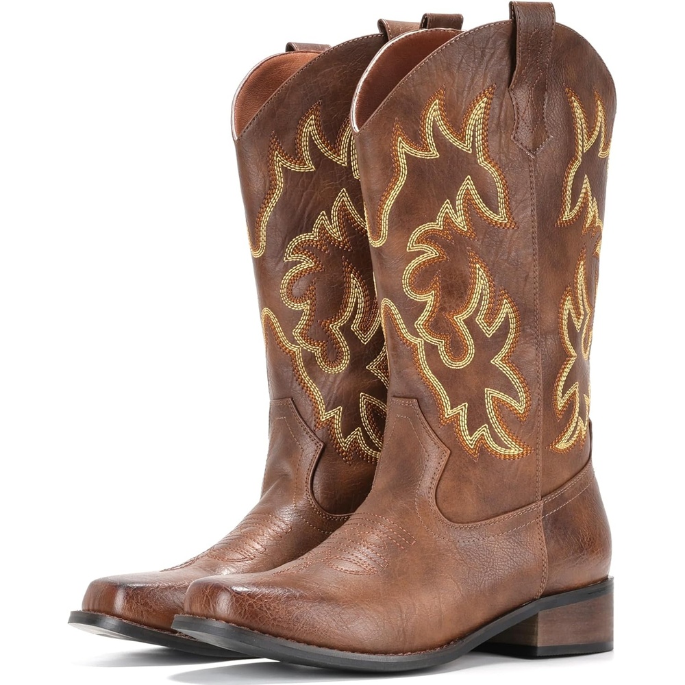 image:imageIUV Cowboy Boots For Women Square Toe Black Wide Cowgirl Mid Calf Western Pull On Fashion Brown Cowboy BootsDark Brown