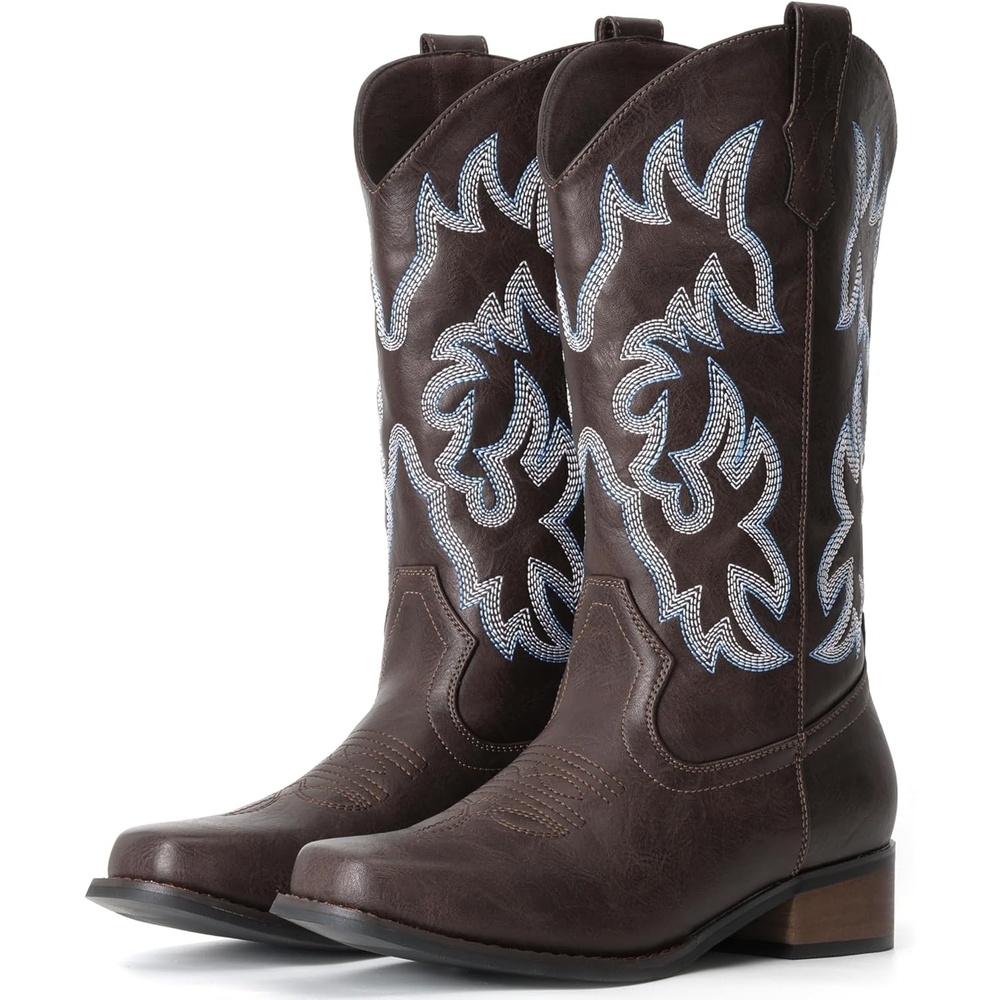 image:imageIUV Cowboy Boots For Women Square Toe Black Wide Cowgirl Mid Calf Western Pull On Fashion Brown Cowboy BootsKhaki