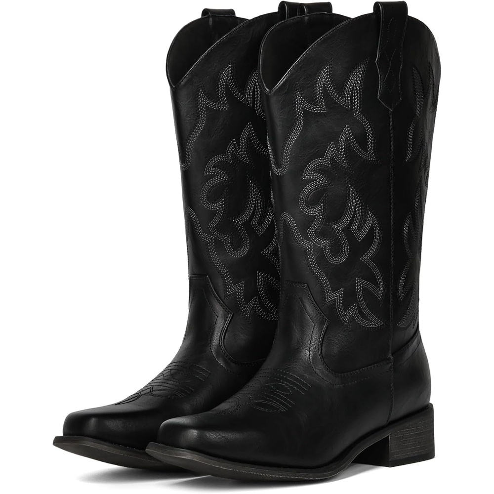 image:imageIUV Cowboy Boots For Women Square Toe Black Wide Cowgirl Mid Calf Western Pull On Fashion Brown Cowboy BootsLight Black