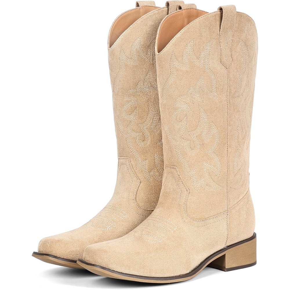 image:imageIUV Cowboy Boots For Women Square Toe Black Wide Cowgirl Mid Calf Western Pull On Fashion Brown Cowboy BootsSuede Beige