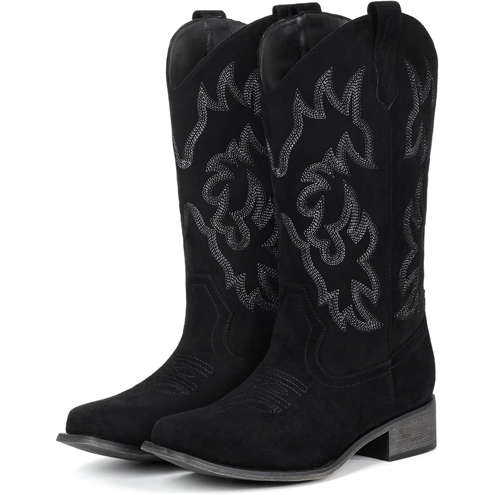 image:imageIUV Cowboy Boots For Women Square Toe Black Wide Cowgirl Mid Calf Western Pull On Fashion Brown Cowboy BootsSuede Black