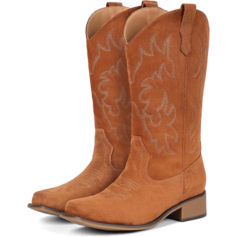 image:imageIUV Cowboy Boots For Women Square Toe Black Wide Cowgirl Mid Calf Western Pull On Fashion Brown Cowboy BootsSuede Brown
