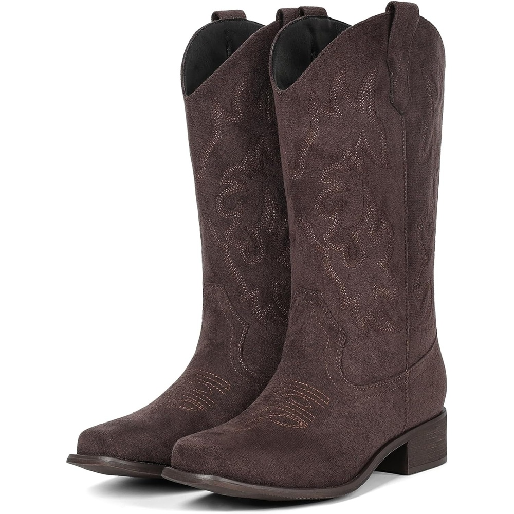 image:imageIUV Cowboy Boots For Women Square Toe Black Wide Cowgirl Mid Calf Western Pull On Fashion Brown Cowboy BootsSuede Coffee