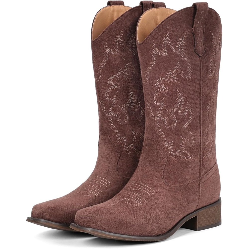 image:imageIUV Cowboy Boots For Women Square Toe Black Wide Cowgirl Mid Calf Western Pull On Fashion Brown Cowboy BootsSuede Dark Brown