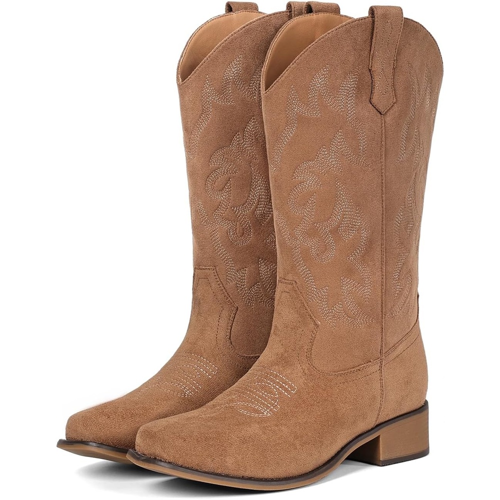 image:imageIUV Cowboy Boots For Women Square Toe Black Wide Cowgirl Mid Calf Western Pull On Fashion Brown Cowboy BootsSuede Light Brown