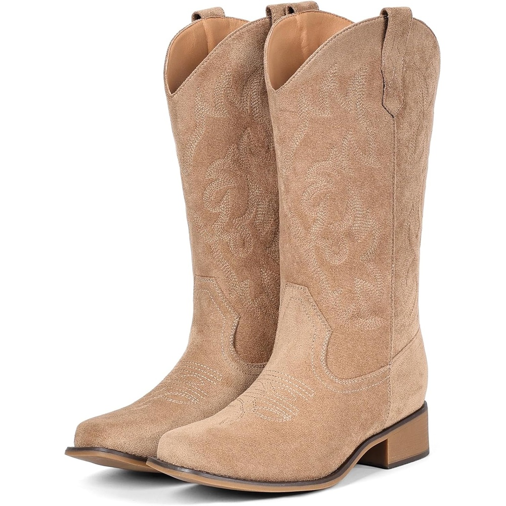 image:imageIUV Cowboy Boots For Women Square Toe Black Wide Cowgirl Mid Calf Western Pull On Fashion Brown Cowboy BootsSuede Taupe