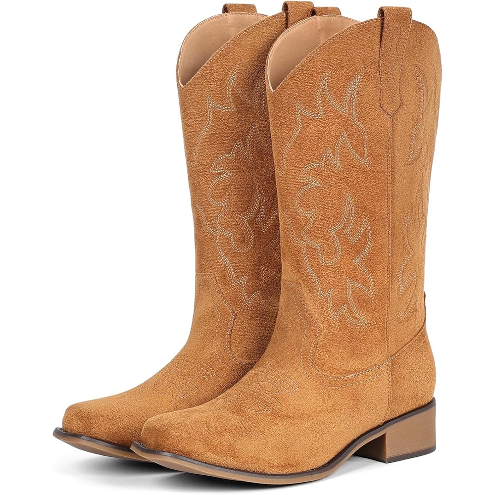 image:imageIUV Cowboy Boots For Women Square Toe Black Wide Cowgirl Mid Calf Western Pull On Fashion Brown Cowboy BootsSuede Yellow