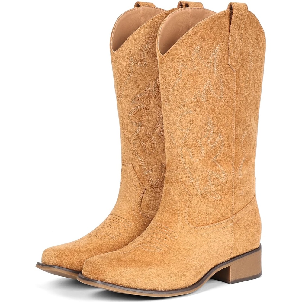 image:imageIUV Cowboy Boots For Women Square Toe Black Wide Cowgirl Mid Calf Western Pull On Fashion Brown Cowboy BootsSuede Yellow Brown