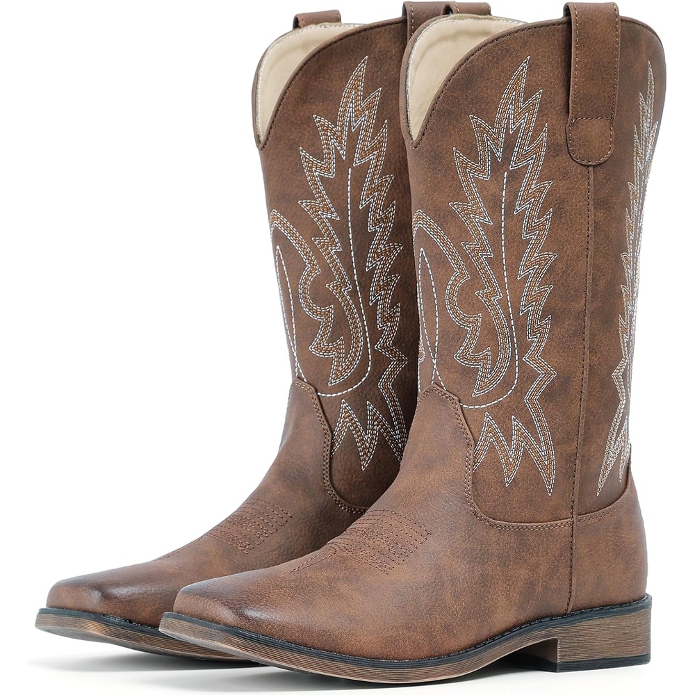 image:imageIUV Cowboy Boots For Women Square Toe Wide Western Boots Mid Calf Cowgirl Boots Pull On Embroidered Brown Cowboy BootsChestnut