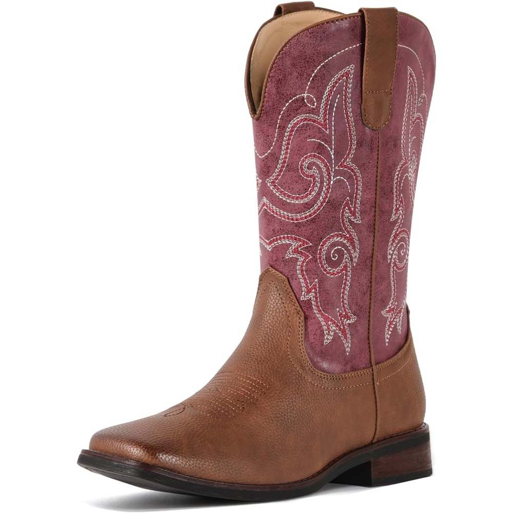 image:imageIUV Cowboy Boots For Women Square Toe Wide Western Boots Mid Calf Cowgirl Boots Pull On Fashion Embroidered Cowboy BootsWine Red