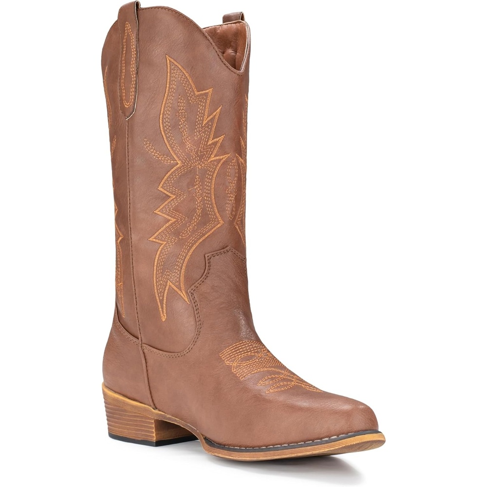 image:imageIUV Cowboy Boots For Women Western Boots Cowgirl Boots Pull On Pointy Toe Mid Calf BootsBrown