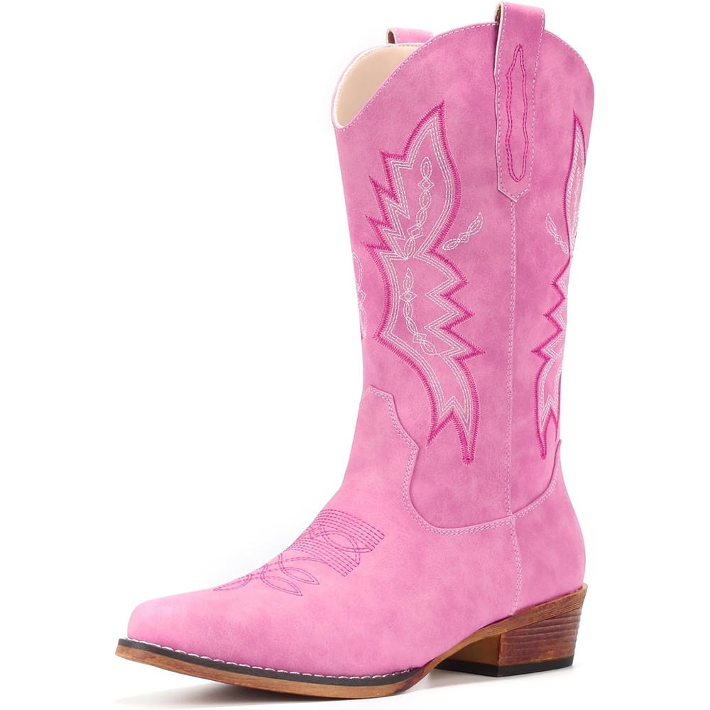 image:imageIUV Cowboy Boots For Women Western Boots Cowgirl Boots Pull On Pointy Toe Mid Calf BootsPink