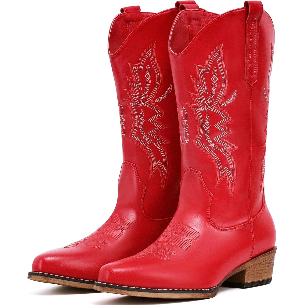 image:imageIUV Cowboy Boots For Women Western Boots Cowgirl Boots Pull On Pointy Toe Mid Calf BootsRed