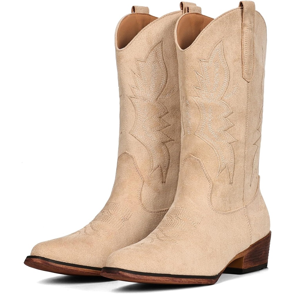 image:imageIUV Cowboy Boots For Women Western Boots Cowgirl Boots Pull On Pointy Toe Mid Calf BootsSuede Camel
