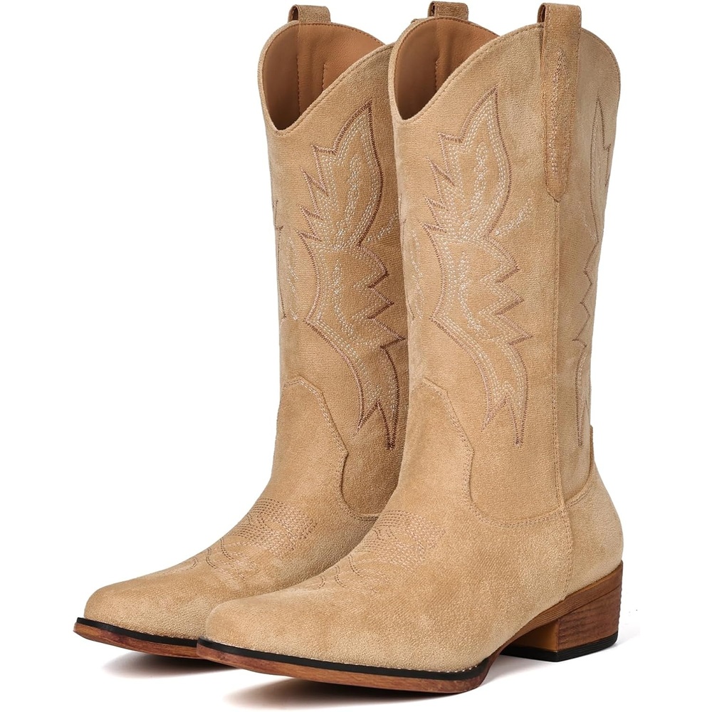 image:imageIUV Cowboy Boots For Women Western Boots Cowgirl Boots Pull On Pointy Toe Mid Calf BootsSuede Light Apricot