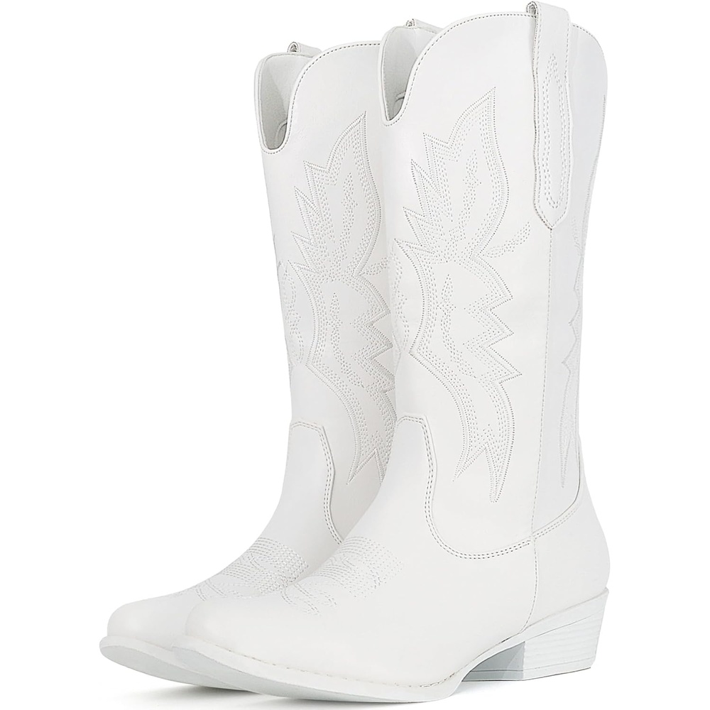 image:imageIUV Cowboy Boots For Women Western Boots Cowgirl Boots Pull On Pointy Toe Mid Calf BootsWhite