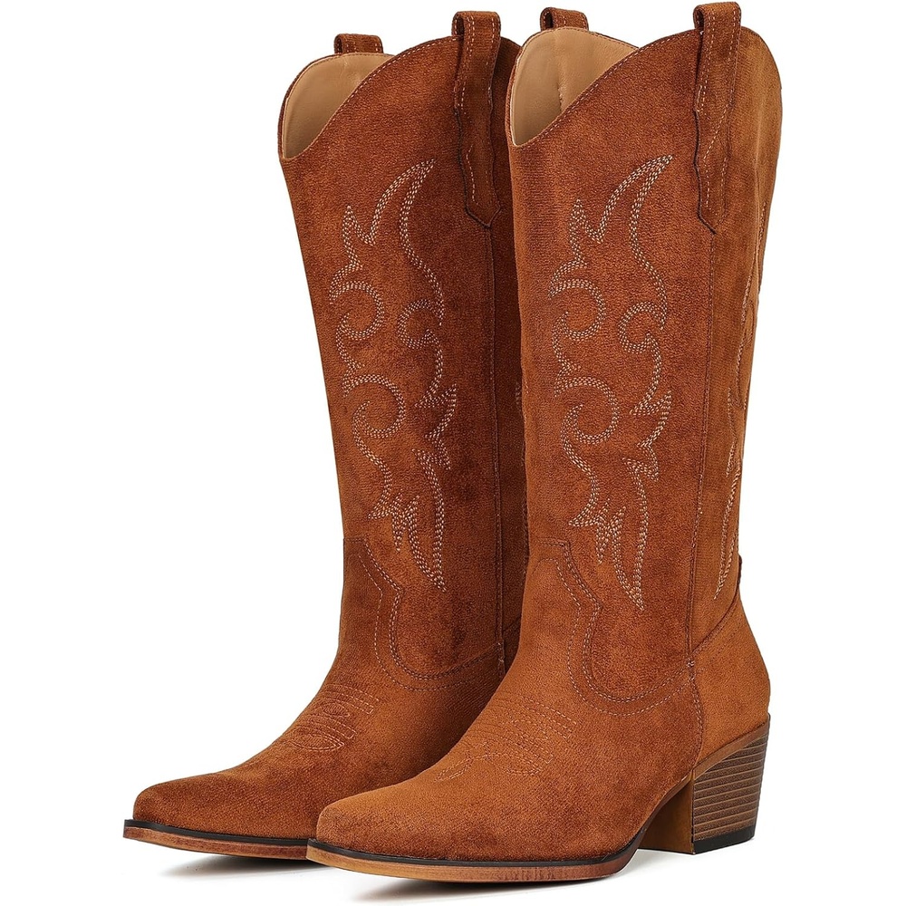 image:imageIUV Cowboy Boots For Women Western Cowgirl Boots Mid Calf Snip Toe Boot With Chunky HeelBrown Suede