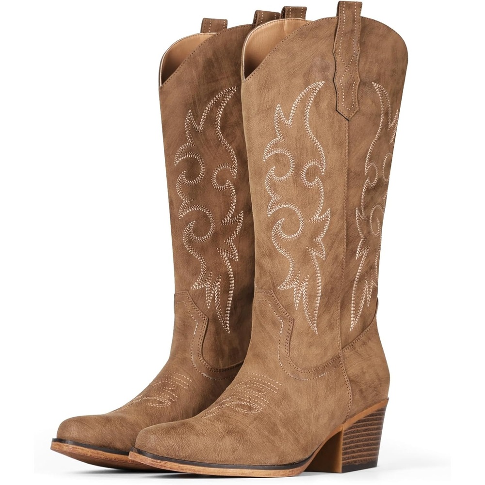 image:imageIUV Cowboy Boots For Women Western Cowgirl Boots Mid Calf Snip Toe Boot With Chunky HeelDark Brown