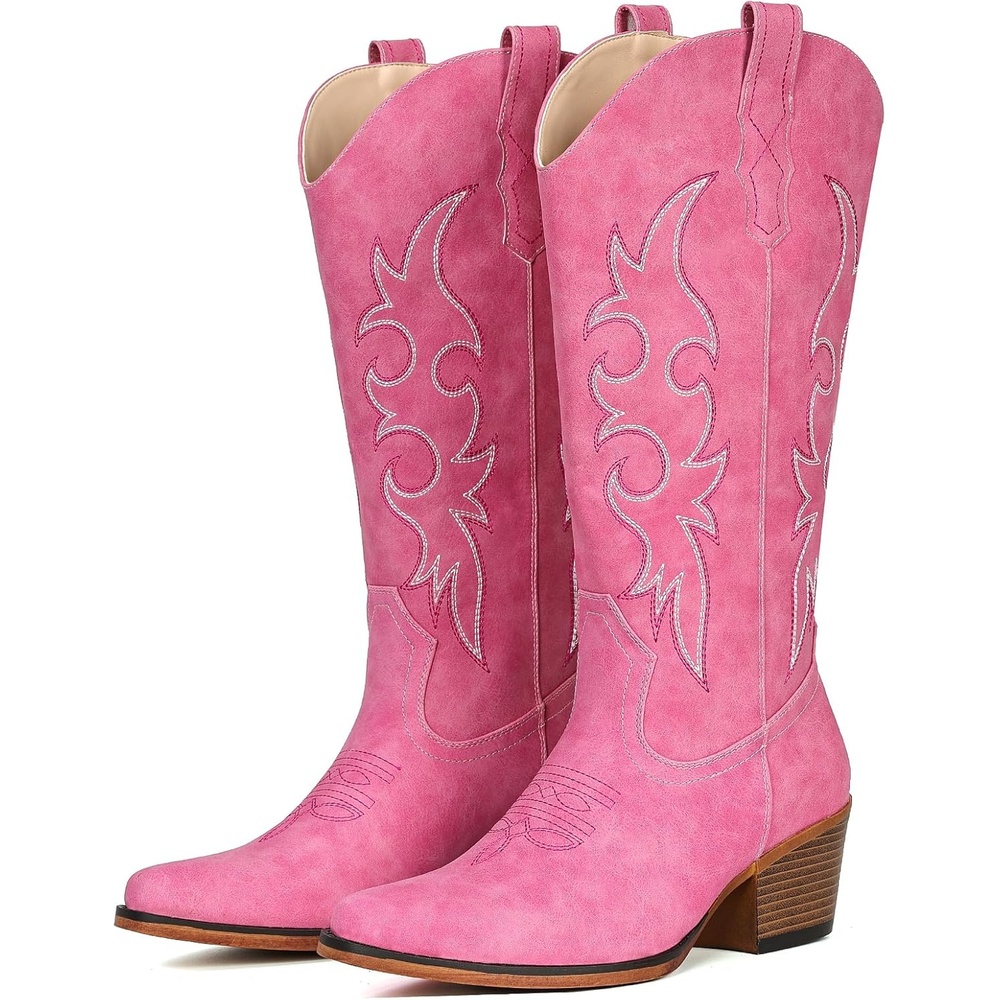 image:imageIUV Cowboy Boots For Women Western Cowgirl Boots Mid Calf Snip Toe Boot With Chunky HeelPink