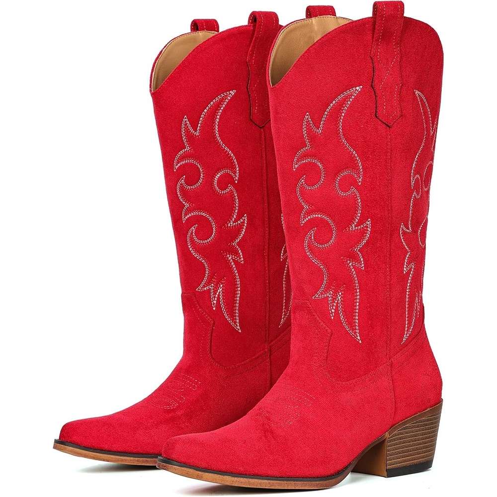 image:imageIUV Cowboy Boots For Women Western Cowgirl Boots Mid Calf Snip Toe Boot With Chunky HeelRed Suede