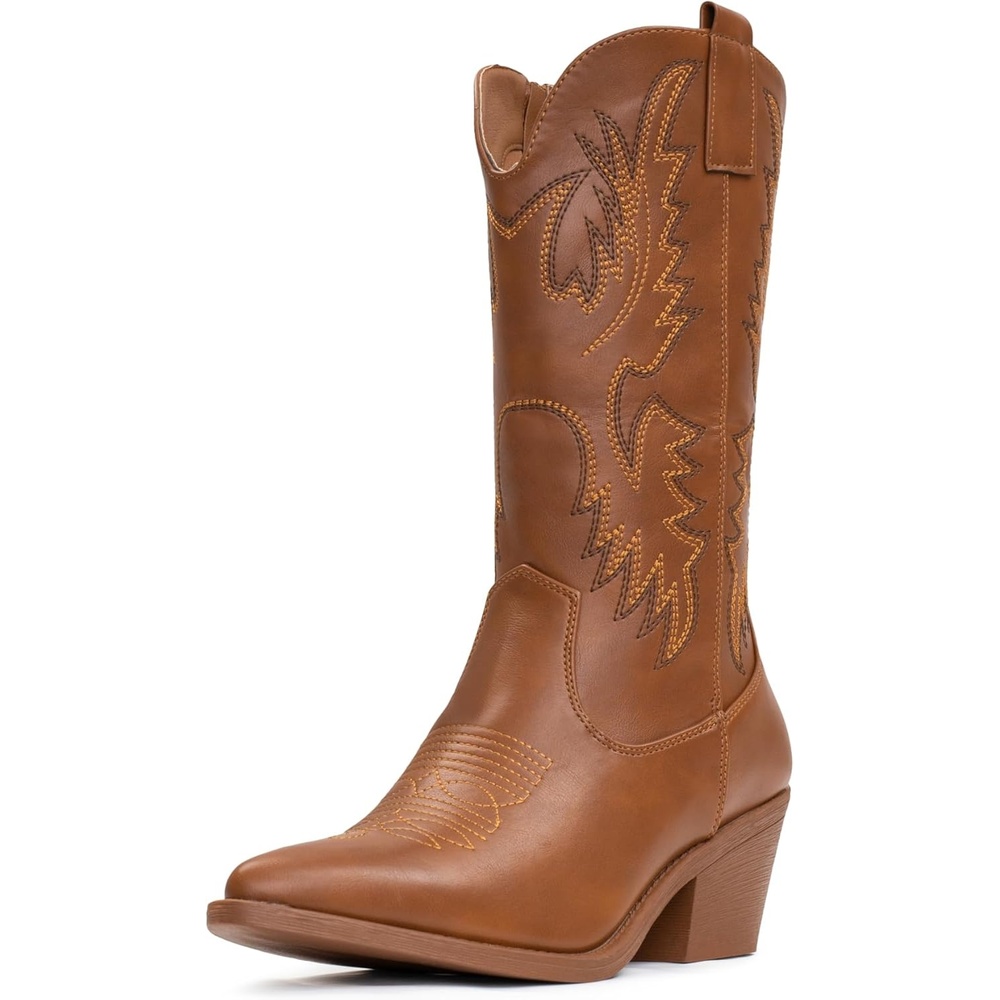 image:imageIUV Cowboy Boots For Women Western Cowgirl Boots Pull On Pointy Toe Mid CalfBrown