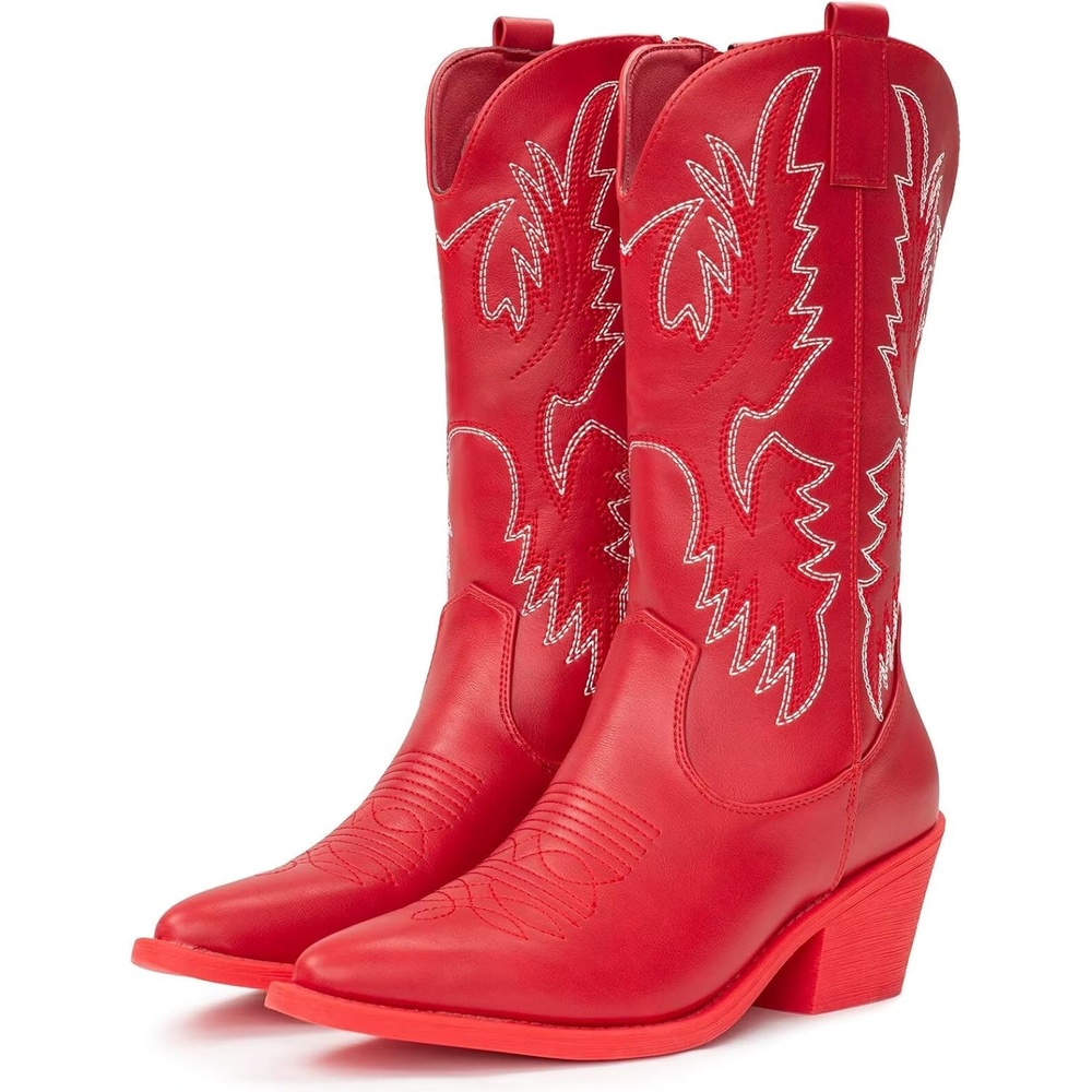 image:imageIUV Cowboy Boots For Women Western Cowgirl Boots Pull On Pointy Toe Mid CalfRed