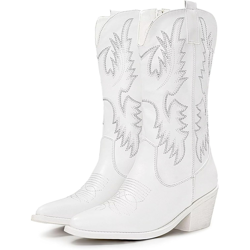 image:imageIUV Cowboy Boots For Women Western Cowgirl Boots Pull On Pointy Toe Mid CalfWhite