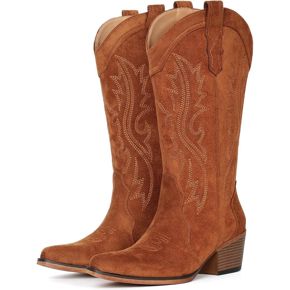 image:imageIUV Cowboy Boots For Women Western Cowgirl Boots with Chunky Heel Mid Calf Snip Toe Ideal for low instepsBrown Suede