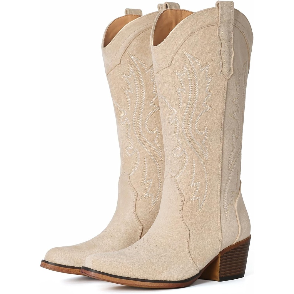 image:imageIUV Cowboy Boots For Women Western Cowgirl Boots with Chunky Heel Mid Calf Snip Toe Ideal for low instepsCamel Suede