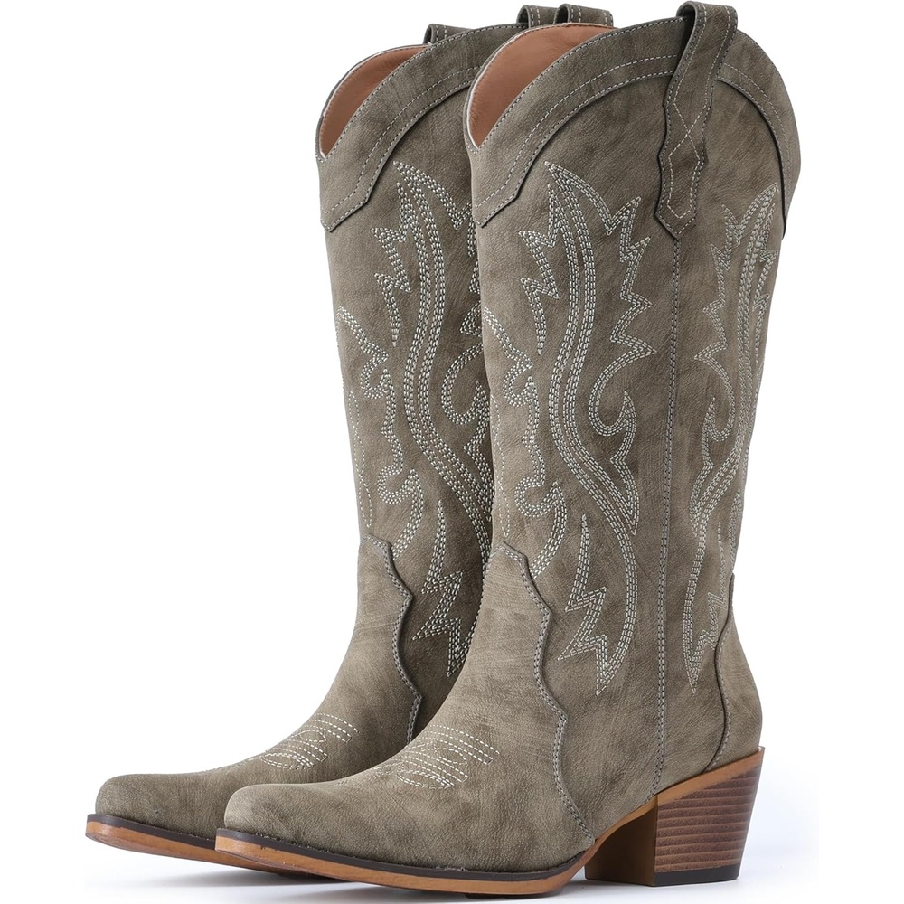 image:imageIUV Cowboy Boots For Women Western Cowgirl Boots with Chunky Heel Mid Calf Snip Toe Ideal for low instepsTaupe