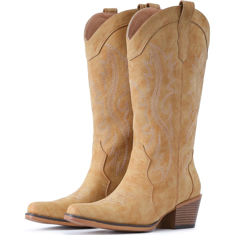 image:imageIUV Cowboy Boots For Women Western Cowgirl Boots with Chunky Heel Mid Calf Snip Toe Ideal for low instepsYellow Brown