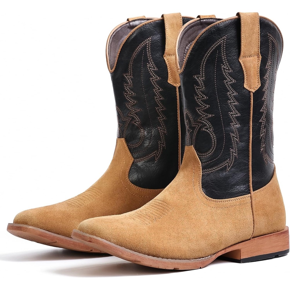 image:imageIUV Cowboy Boots for Men Suede Square Toe Western Boots Pull On Durable Classic Embroidered BootBlack Brown