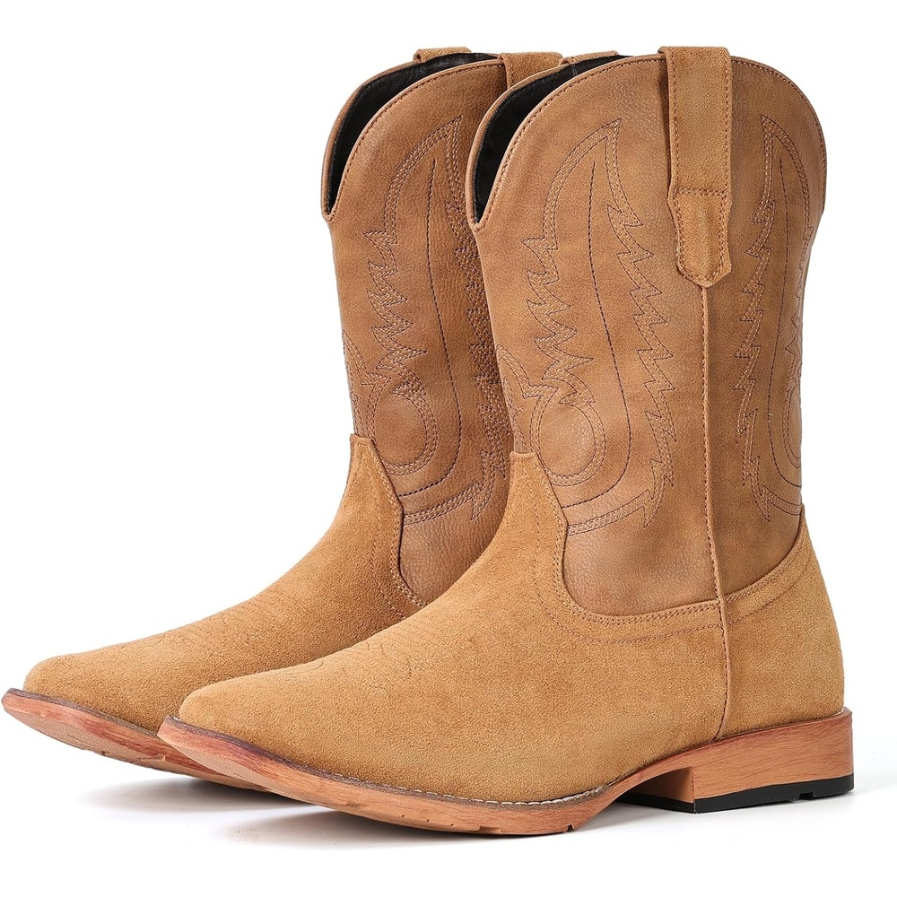 image:imageIUV Cowboy Boots for Men Suede Square Toe Western Boots Pull On Durable Classic Embroidered BootBrown