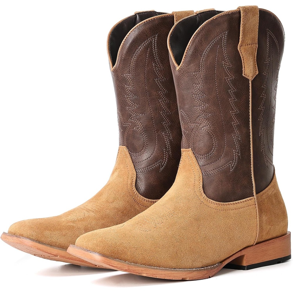 image:imageIUV Cowboy Boots for Men Suede Square Toe Western Boots Pull On Durable Classic Embroidered BootDark Brown