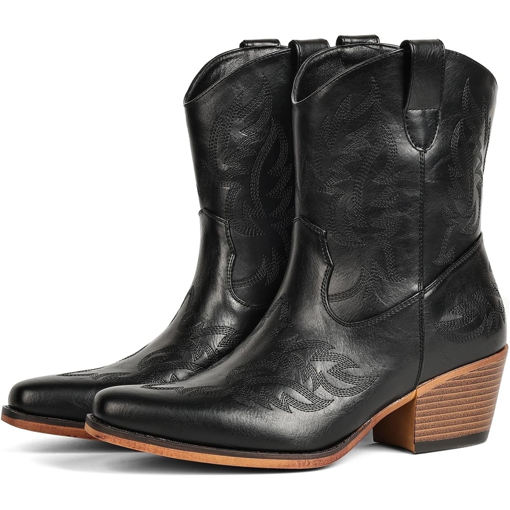 image:imageIUV Cowboy Boots for Women Ankle Cowgirl Booties Pointed Toe Western Short Chunky Classic BootBlack