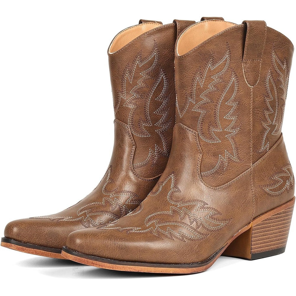 image:imageIUV Cowboy Boots for Women Ankle Cowgirl Booties Pointed Toe Western Short Chunky Classic BootBrown
