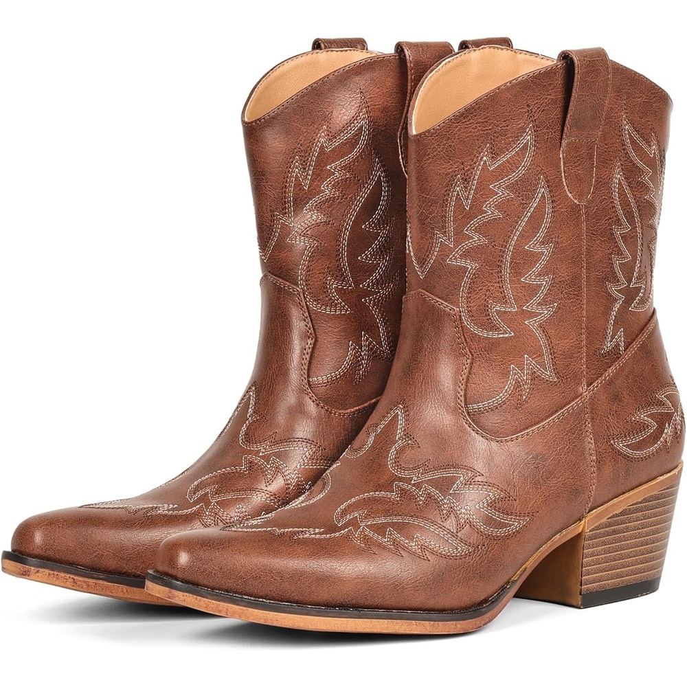 image:imageIUV Cowboy Boots for Women Ankle Cowgirl Booties Pointed Toe Western Short Chunky Classic BootChocolate