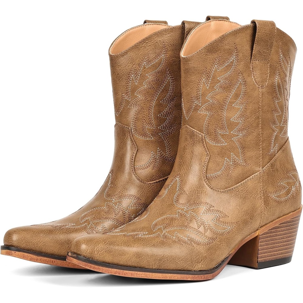 image:imageIUV Cowboy Boots for Women Ankle Cowgirl Booties Pointed Toe Western Short Chunky Classic BootKhaki