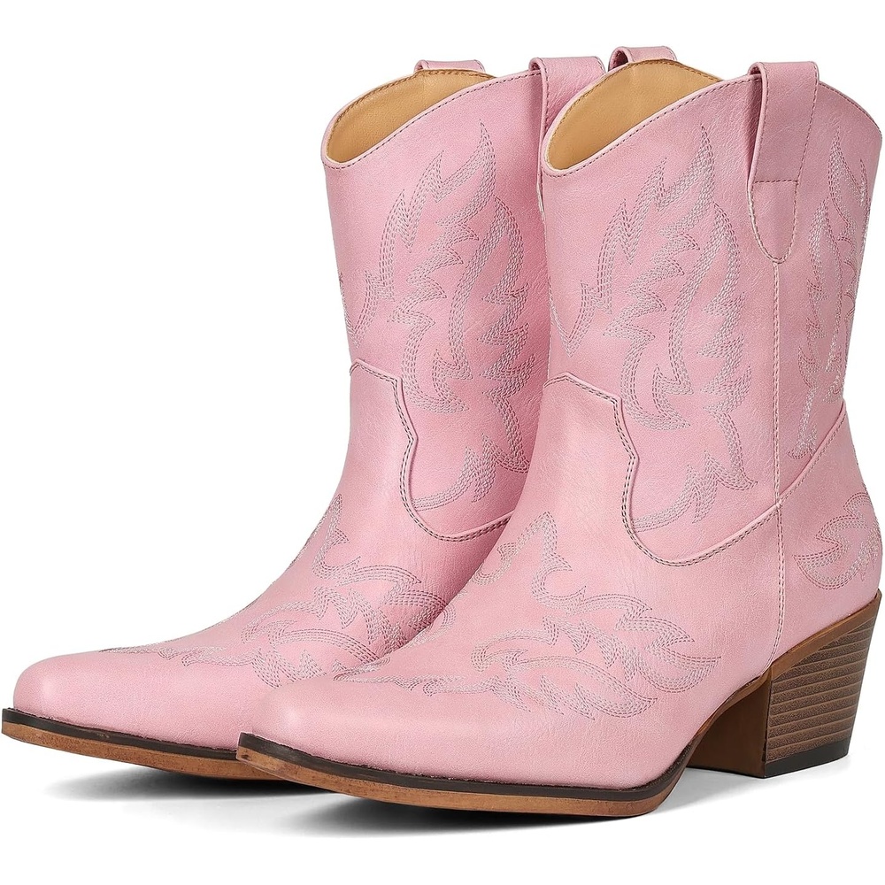 image:imageIUV Cowboy Boots for Women Ankle Cowgirl Booties Pointed Toe Western Short Chunky Classic BootPink