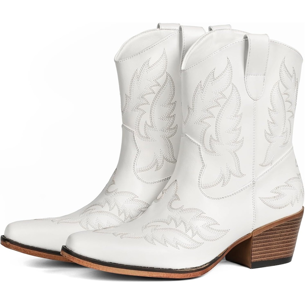 image:imageIUV Cowboy Boots for Women Ankle Cowgirl Booties Pointed Toe Western Short Chunky Classic BootWhite
