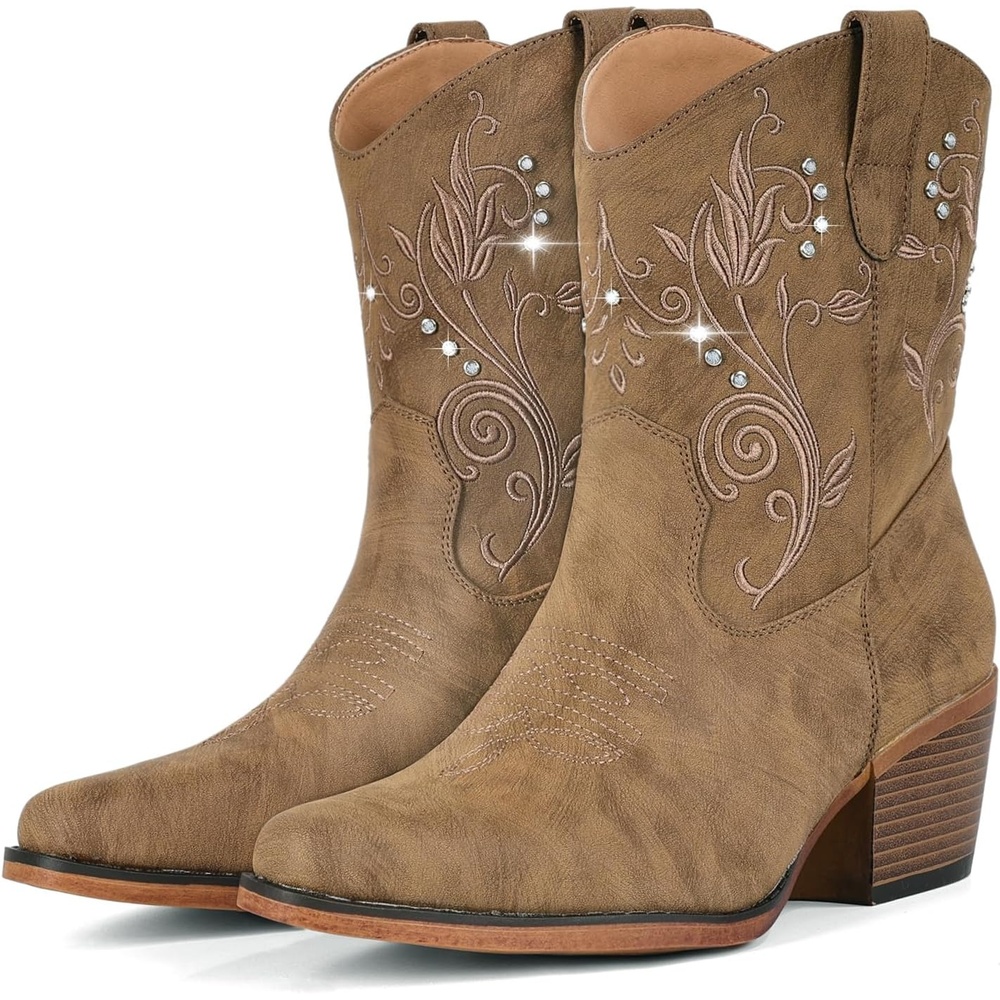 image:imageIUV Cowboy Boots for Women Ankle Cowgirl Boots with Embroidered Rhinestone Decor Chunky Heel Snip Toe Classic Western Wide BootiesBrown