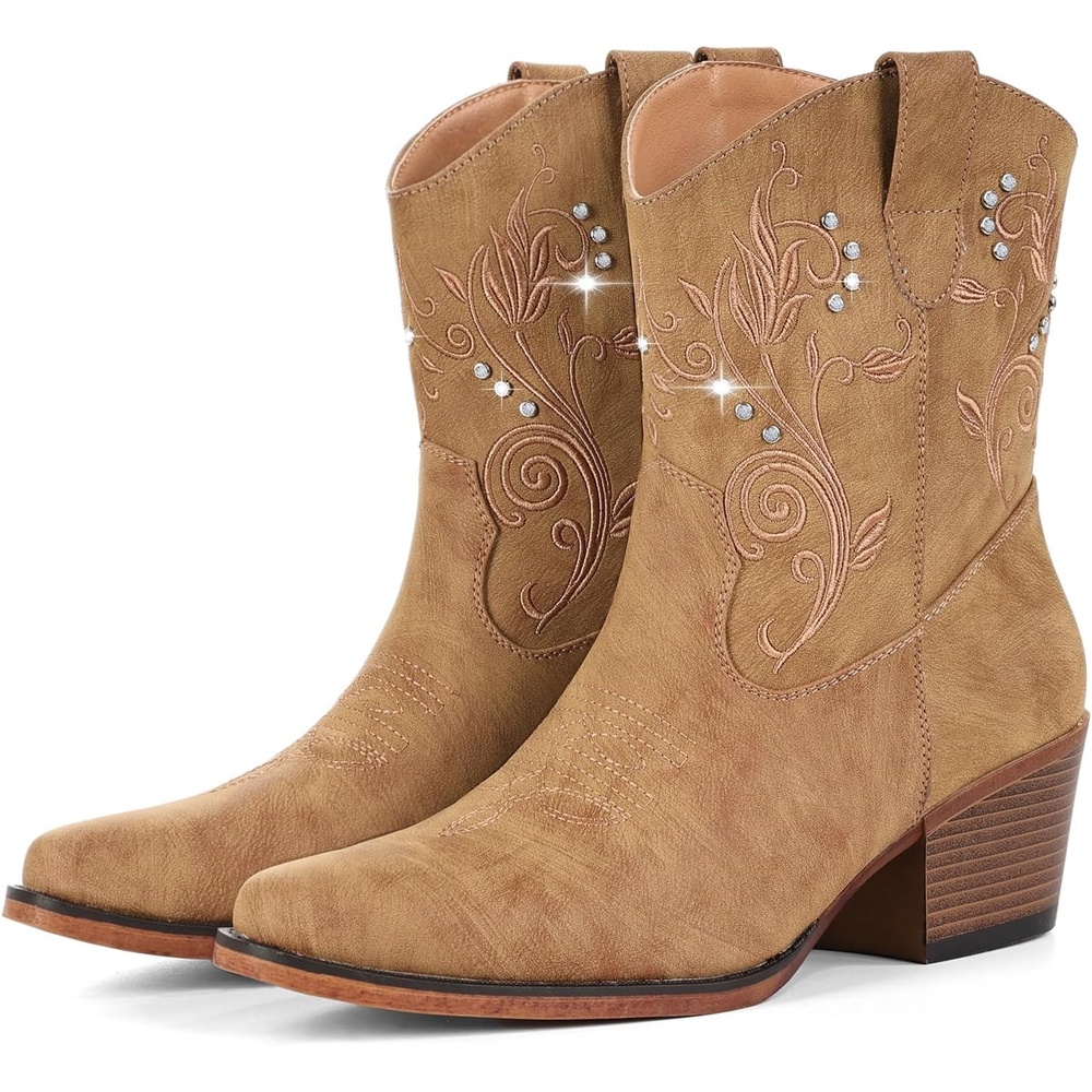 image:imageIUV Cowboy Boots for Women Ankle Cowgirl Boots with Embroidered Rhinestone Decor Chunky Heel Snip Toe Classic Western Wide BootiesCamel