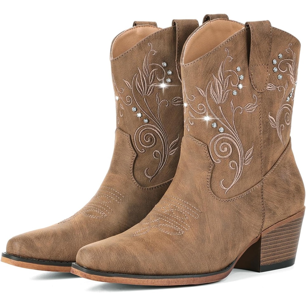 image:imageIUV Cowboy Boots for Women Ankle Cowgirl Boots with Embroidered Rhinestone Decor Chunky Heel Snip Toe Classic Western Wide BootiesRedBrown