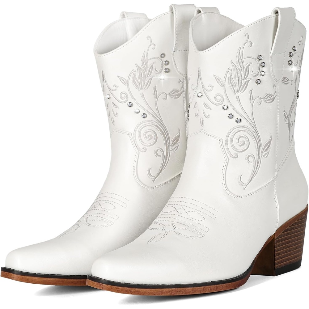 image:imageIUV Cowboy Boots for Women Ankle Cowgirl Boots with Embroidered Rhinestone Decor Chunky Heel Snip Toe Classic Western Wide BootiesWhite