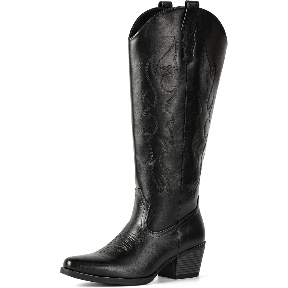 image:imageIUV Cowboy Boots for Women Knee High Pointed Toe Western Fashion Country Cowgirl Boots with EmbroideredAll Black
