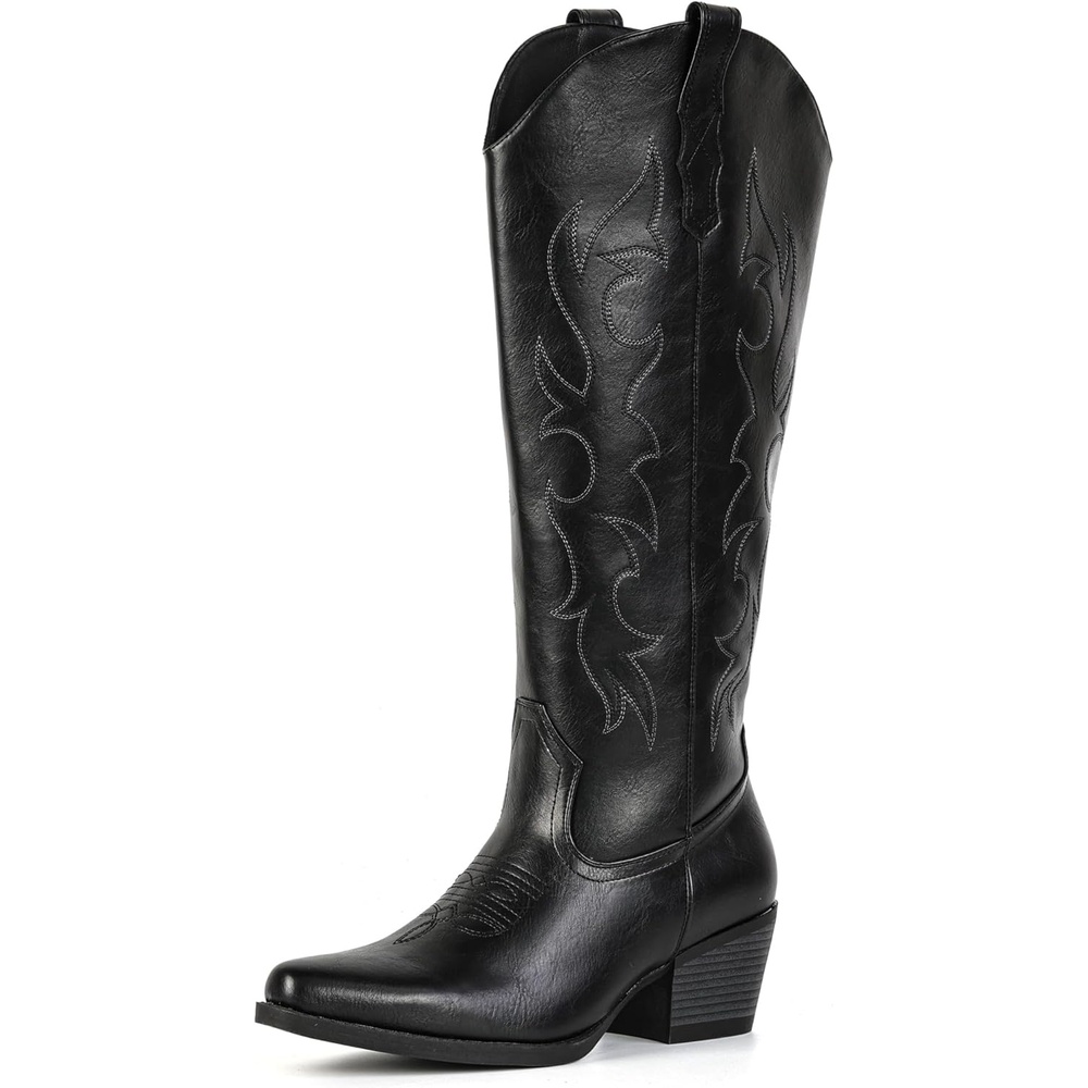 image:imageIUV Cowboy Boots for Women Knee High Pointed Toe Western Fashion Country Cowgirl Boots with EmbroideredBlack
